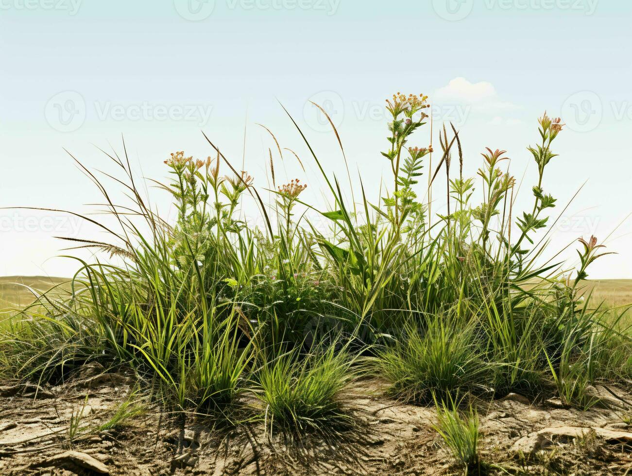 ai gegenereerd prairies grassen met blauw lucht visie. gras Aan wild veld. generatief ai foto