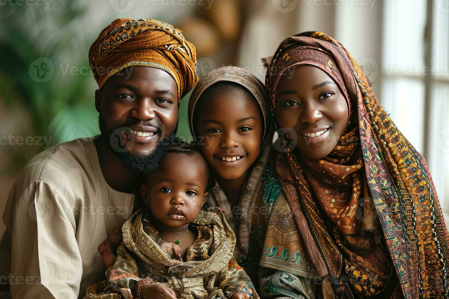 ai gegenereerd portret van een gelukkig Afrikaanse moslim familie in traditioneel kleren. generatief ai foto