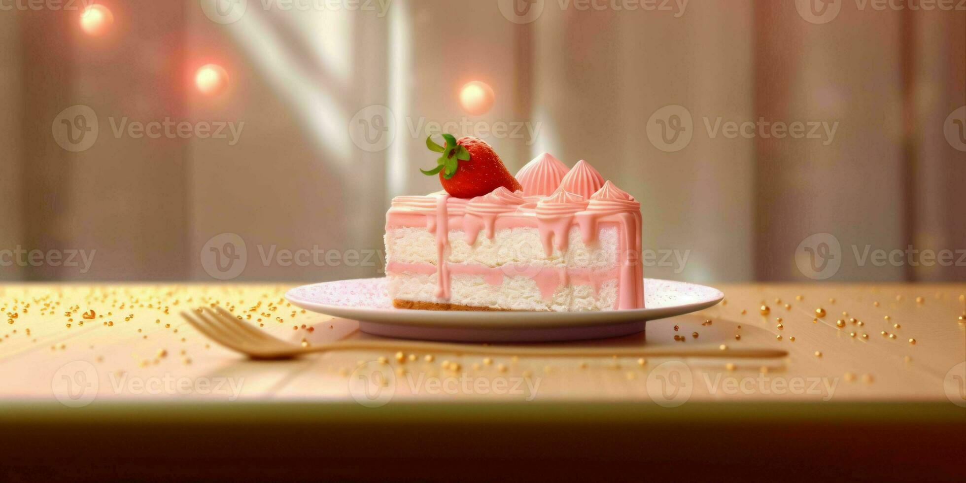 ai gegenereerd een plak van zoet roze taart met aardbeien en room Aan top. generatief ai foto