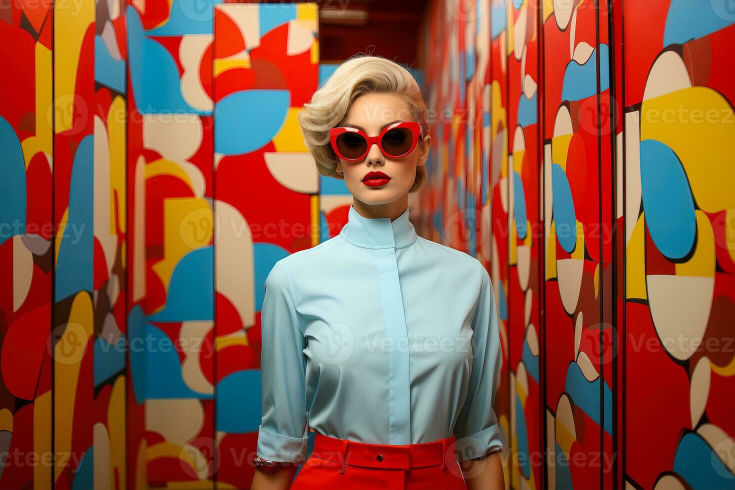 ai gegenereerd portret van een dromerig jong vrouw vervelend een elegant blauw blouse en rood bril. foto