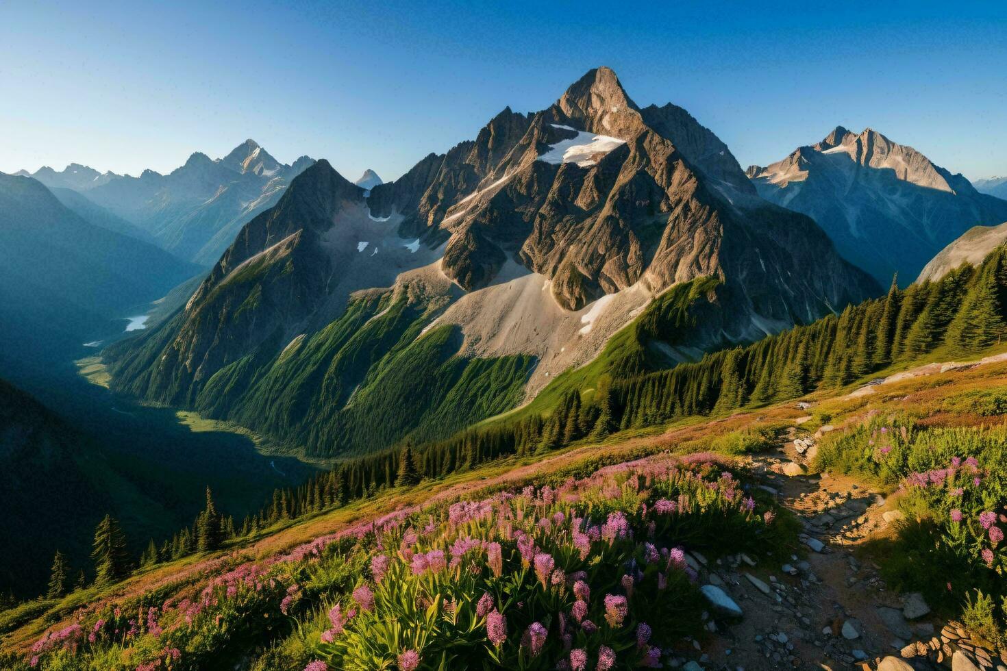 ai gegenereerd bloeiend trails met berg backdrop foto