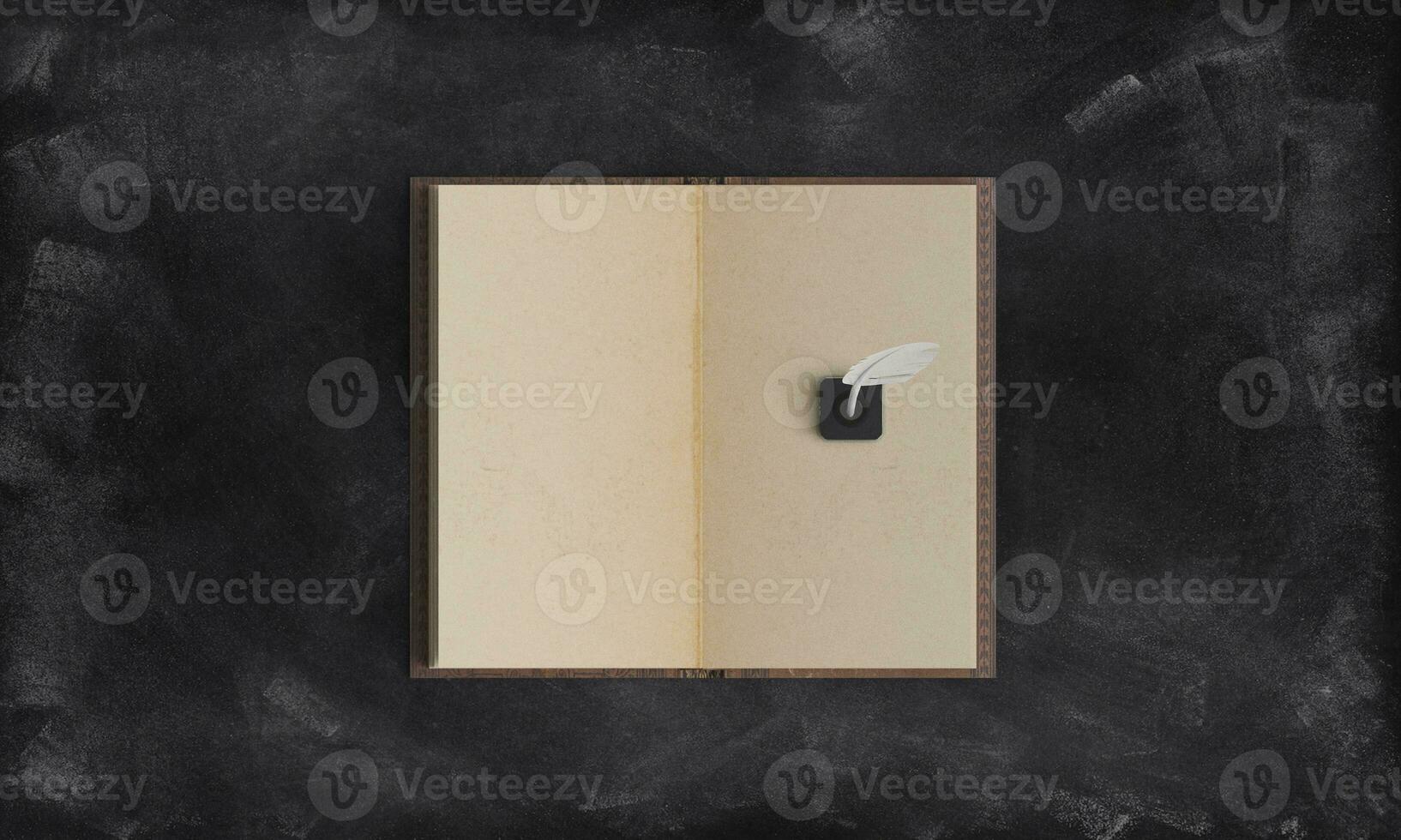 een leeg boek Aan zwart scherm met inktpot mockup foto