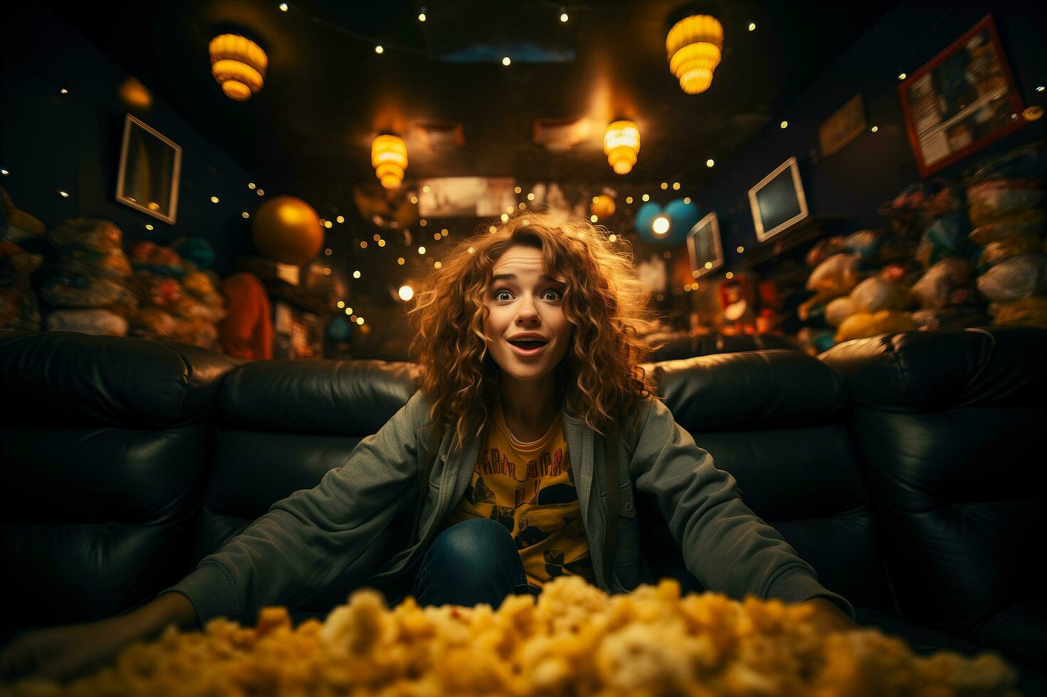 ai gegenereerd opgewonden jong vrouw bang geschokt of onder de indruk Holding een veel van reusachtig bundel van popcorn. genieten aan het kijken verschrikking film of thriller in de bioscoop hal. foto