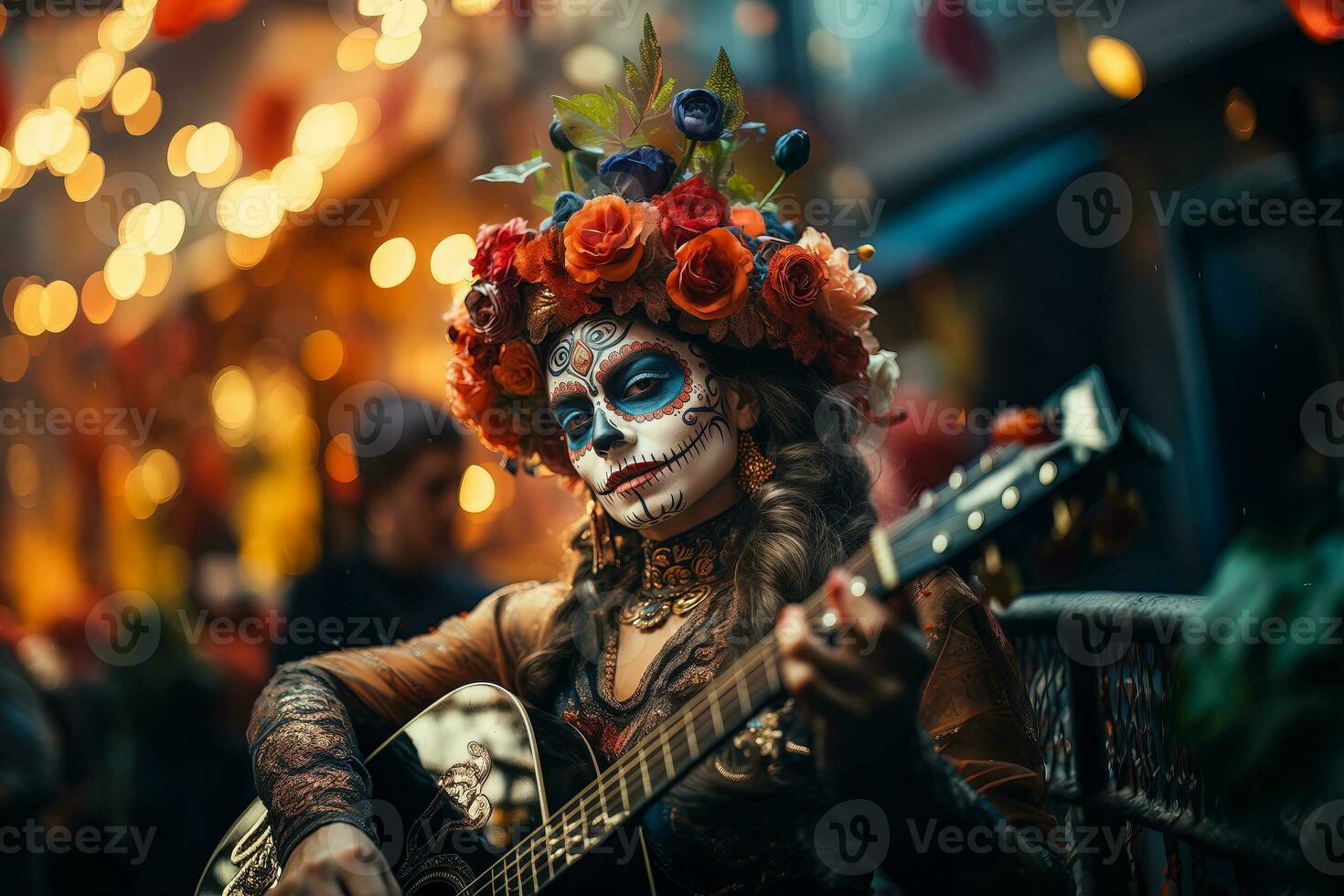 ai gegenereerd detailopname van een jong vrouw met bedenken en Holding een gitaar Bij een dag van de dood viering. foto