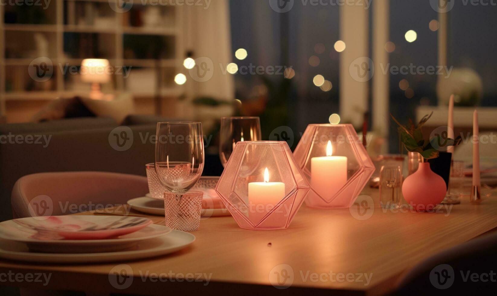 ai gegenereerd mooi tafel instelling met brandend kaarsen in modern leven kamer Bij nacht foto