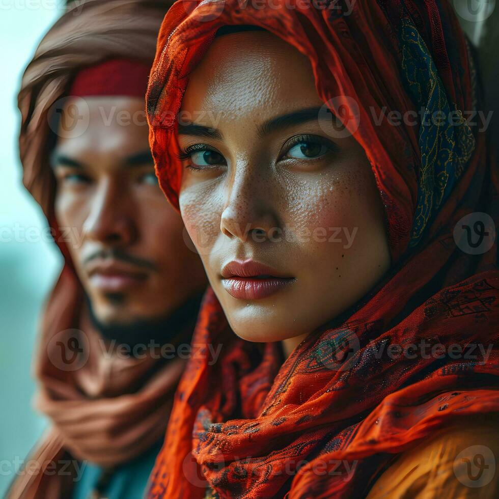 ai gegenereerd portret van een midden- oostelijk moslim paar in traditioneel jurk. generatief ai foto