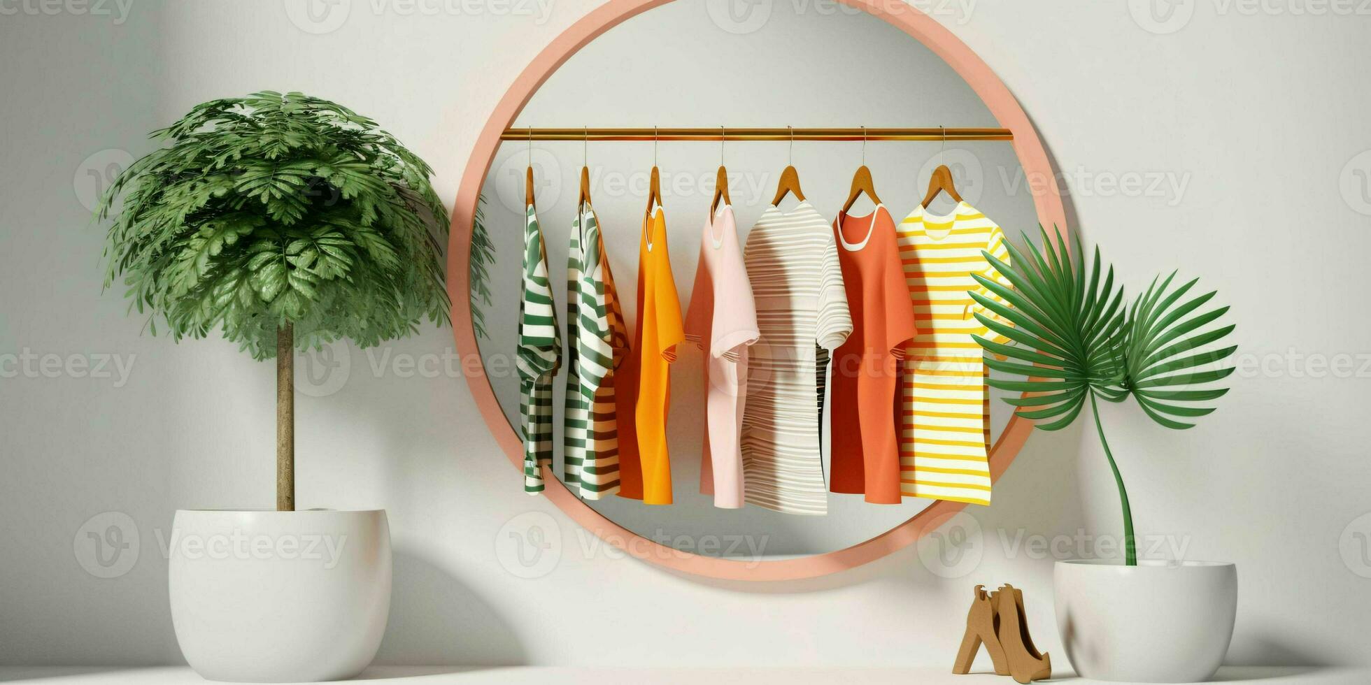 ai gegenereerd modieus kleren Aan hangers in een minimalistische interieur. mode tonen kamer interieur. generatief ai foto