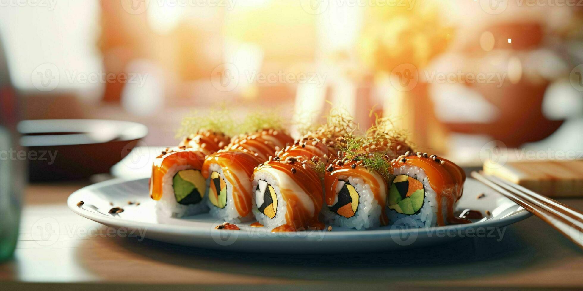 ai gegenereerd heerlijk sushi broodjes geserveerd Aan een bord. generatief ai foto