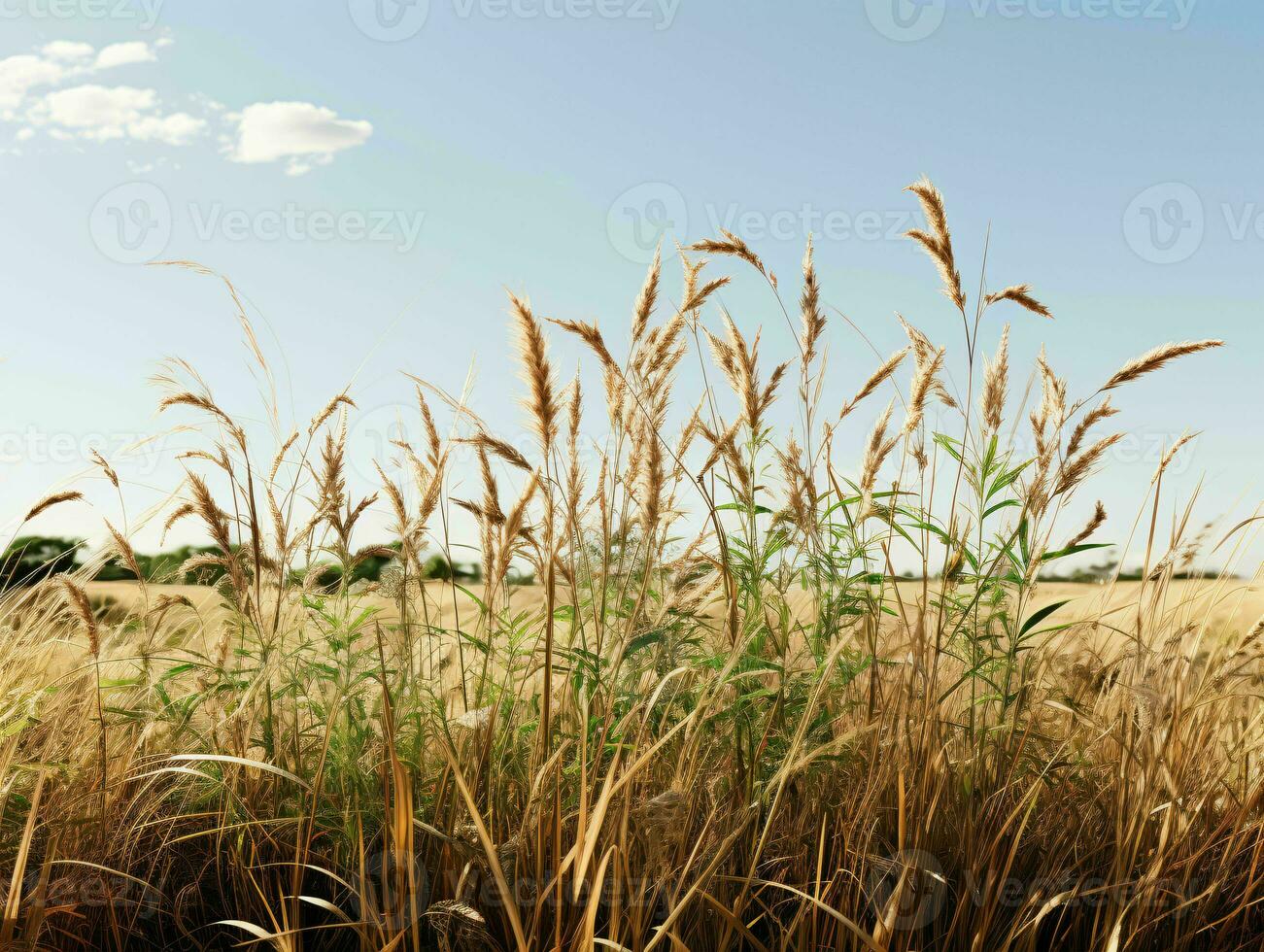 ai gegenereerd prairies grassen met blauw lucht visie. gras Aan wild veld. generatief ai foto