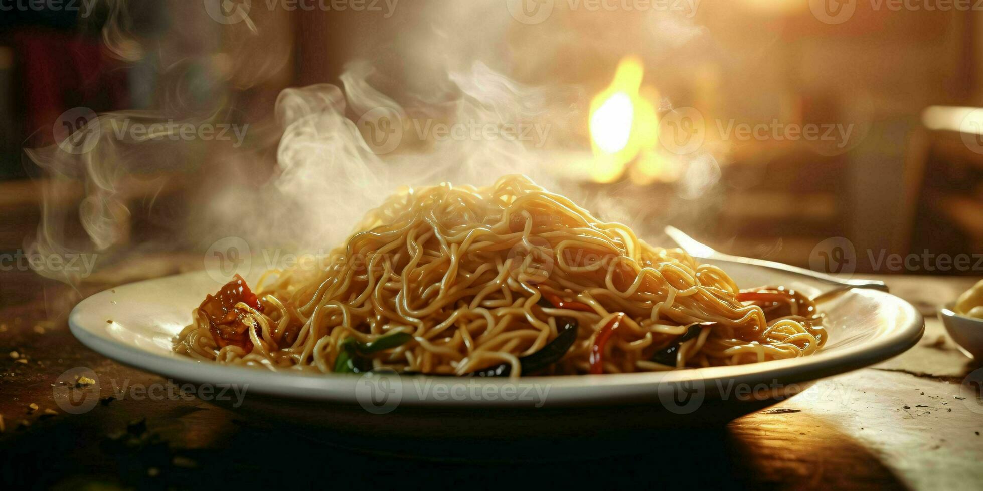 ai gegenereerd heerlijk gebakken noodle met rokerig effect Aan een houten tafel. generatief ai foto