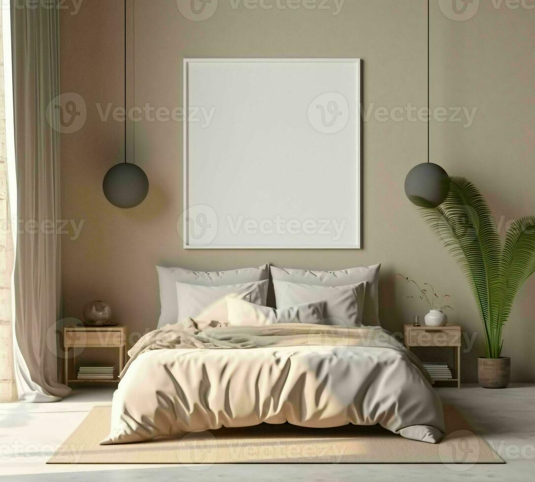 ai gegenereerd minimalistische beige bed kamer interieur ontwerp met blanco wit afbeelding kader model. generatief ai foto