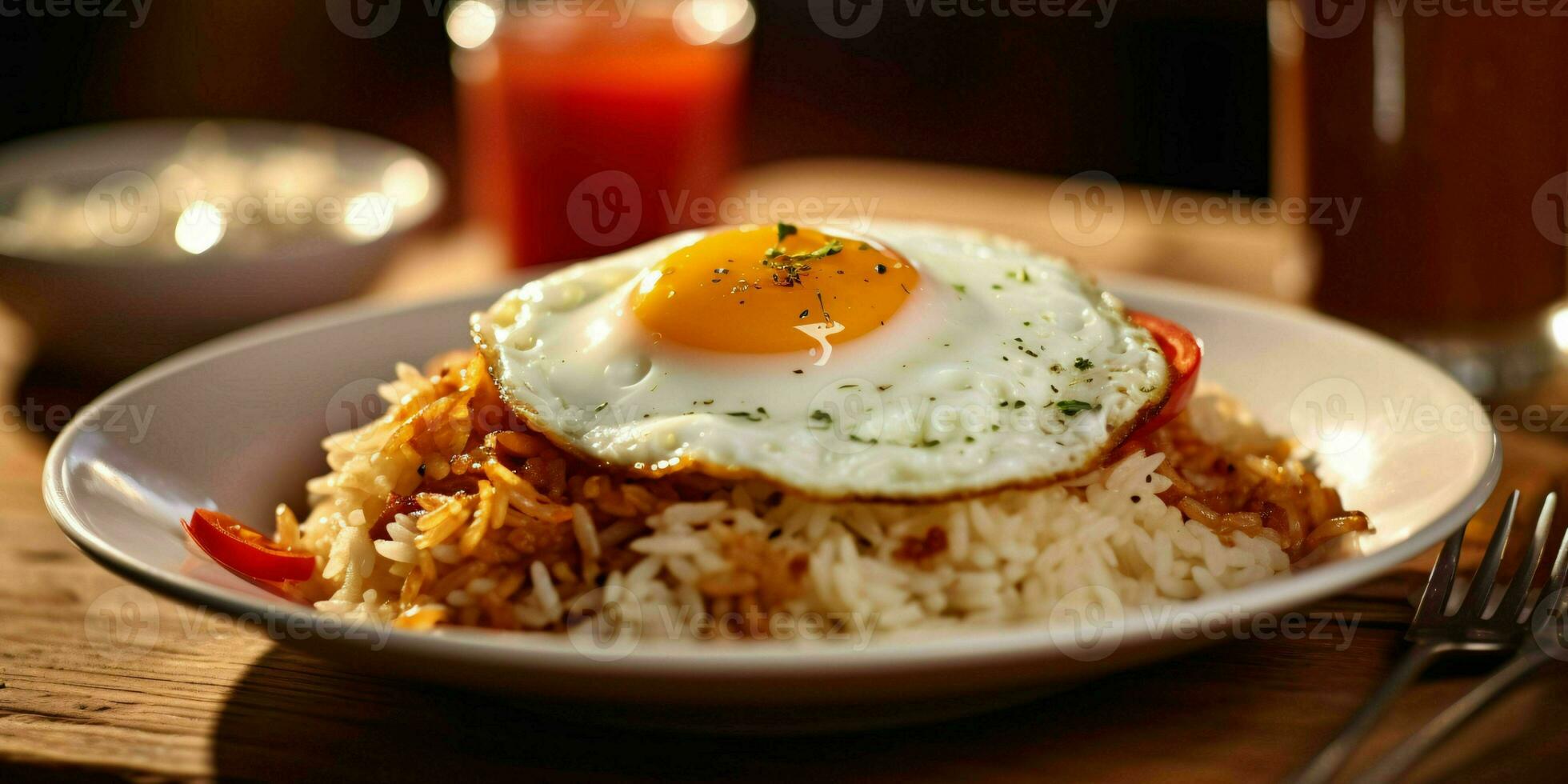 ai gegenereerd heerlijk gebakken rijst- met een zonnig kant omhoog ei, geserveerd Aan een wit bord met een houten tafel achtergrond. generatief ai foto