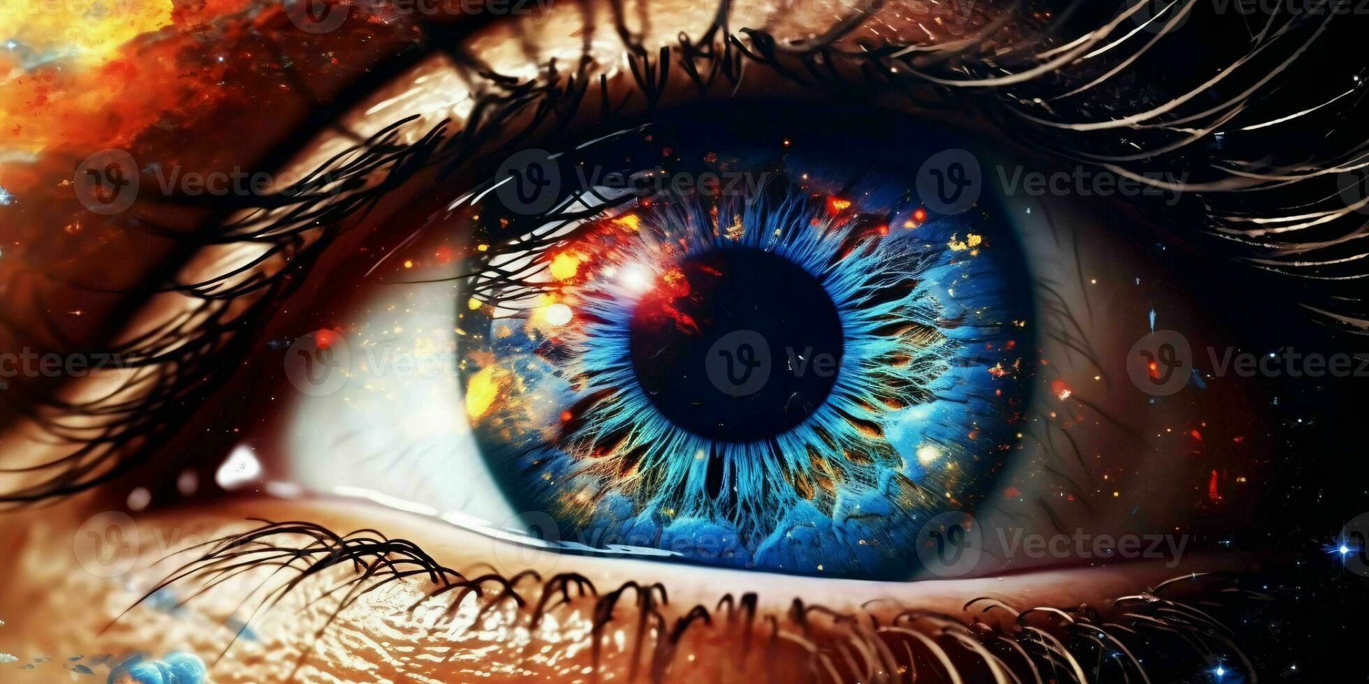 ai gegenereerd dichtbij omhoog visie van de oog met de universum binnen. generatief ai foto