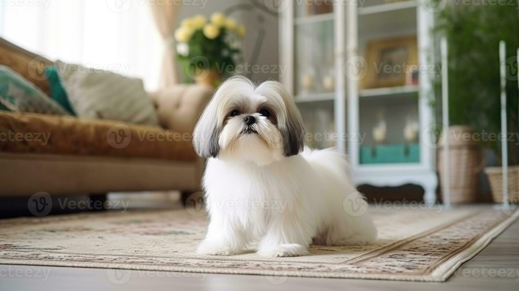 ai gegenereerd schattig jong shih tzu hond zittend Aan tapijt en op zoek Bij camera foto