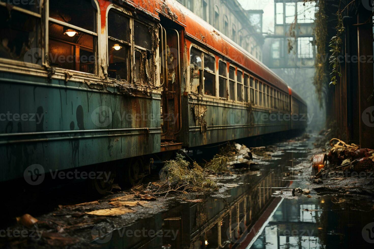 ai gegenereerd verlaten trein station met somber en verbrijzeld ramen foto