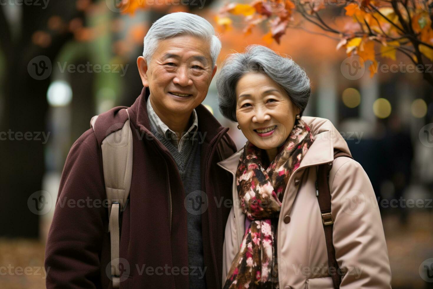 ai gegenereerd portret van ouder Aziatisch paar Bij een park foto