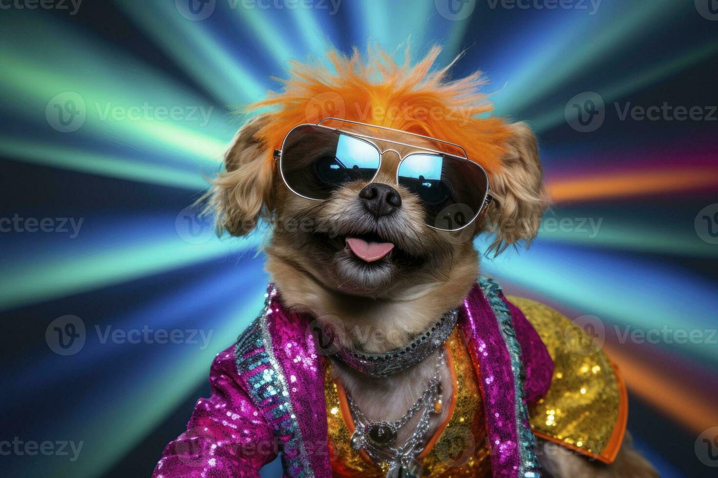 ai gegenereerd grappig hond in een regenboog carnaval feest. generatief ai foto