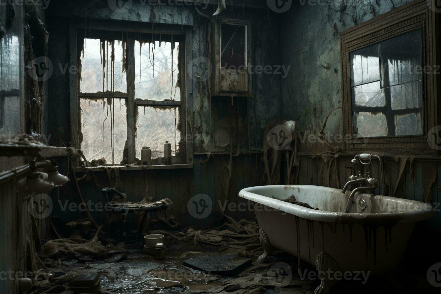 ai gegenereerd verlaten oud badkamer met verroest muur foto