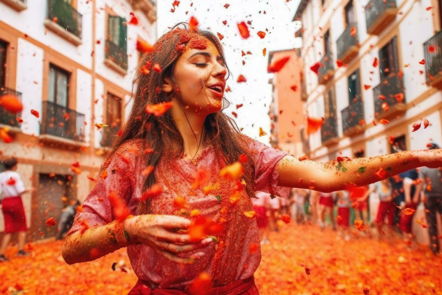 ai gegenereerd mensen gooien tomaten. zomer festival. mensen geschreeuw en lachend. beroemd festival met tomaat groenten. foto