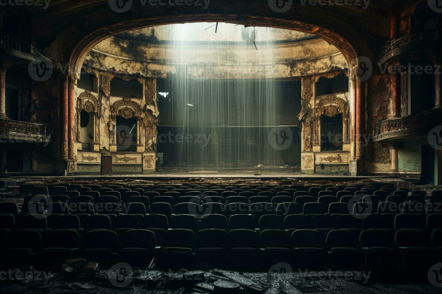 ai gegenereerd geïsoleerd oud theater hal met onrust atmosfeer ai gegenereerd foto