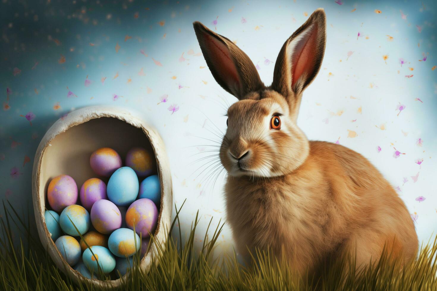 ai gegenereerd schattig Pasen konijn en Pasen eieren met groen grassen en bloem. generatief ai. foto