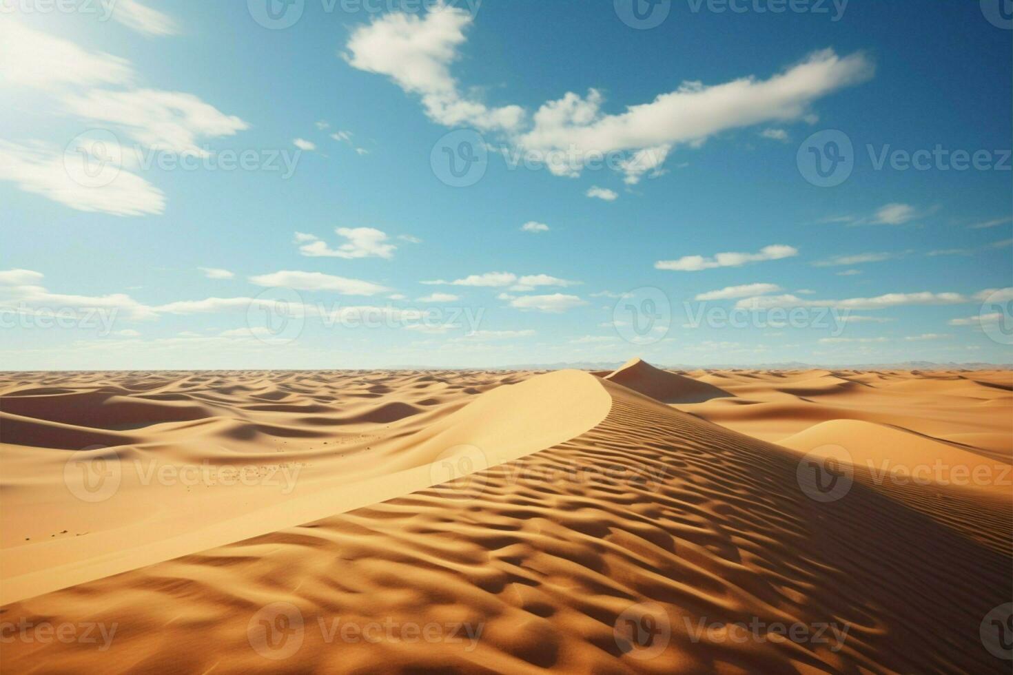 ai gegenereerd droog Sahara, geel zand, blauw lucht, zon over- Afrikaanse avontuur foto