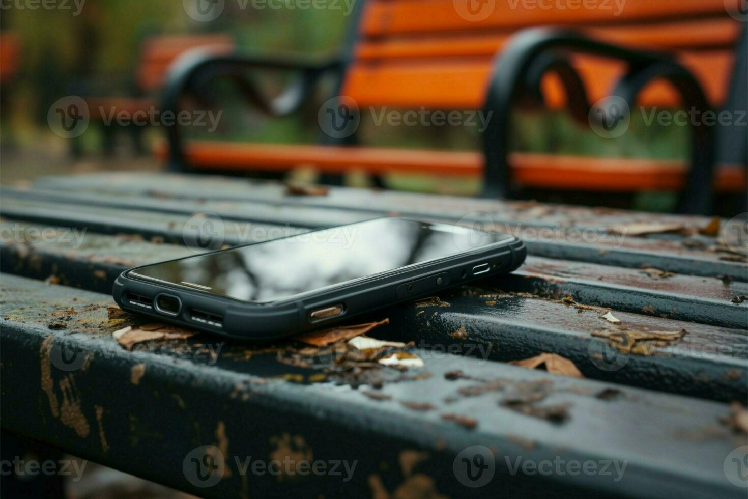ai gegenereerd verlaten smartphone Aan park bank, een verhaal van een verloren apparaat foto