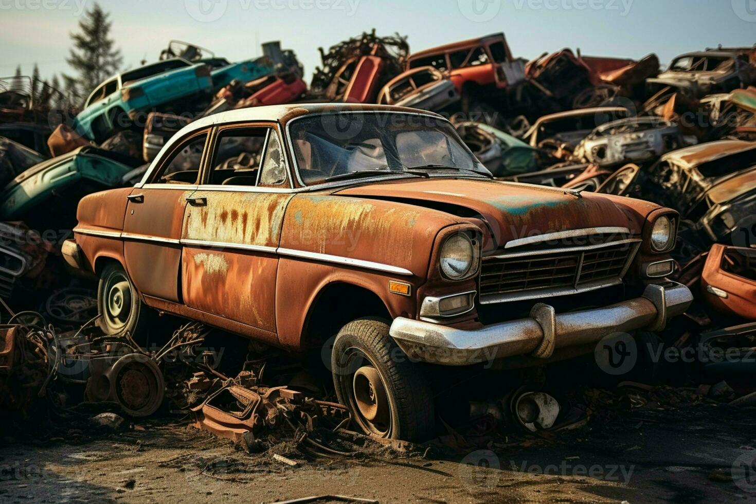 ai gegenereerd recycling tafereel roesten rommel auto's in een autokerkhof voor milieu bewustzijn foto