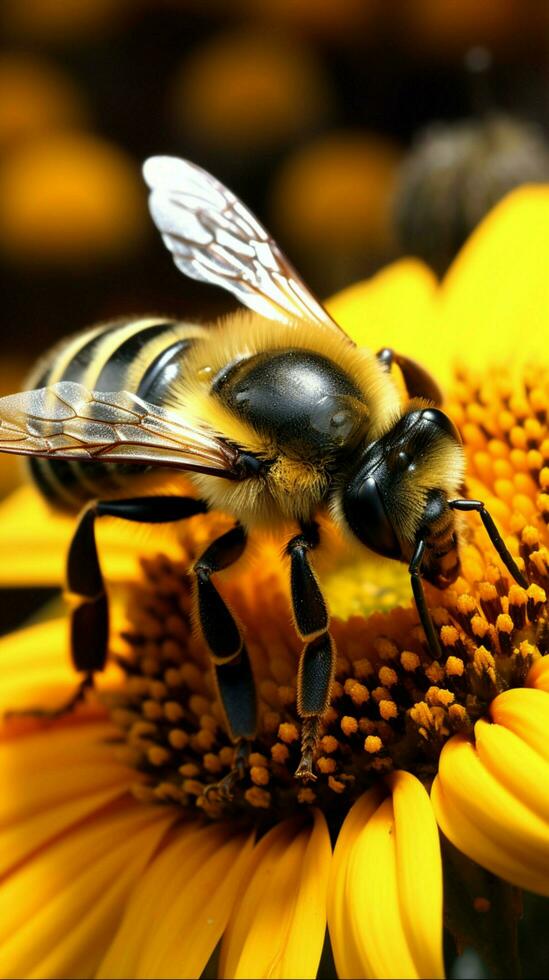 ai gegenereerd aard schoonheid detailopname hommel Aan een zonnebloem verticaal mobiel behang foto