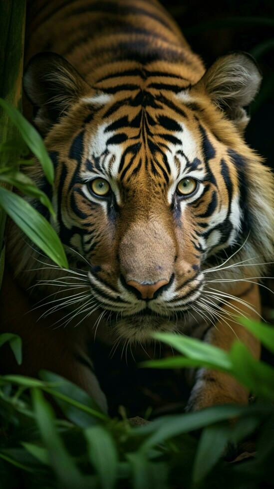 ai gegenereerd detailopname sumatran tijger heimelijk stalken in oerwoud verticaal mobiel behang foto