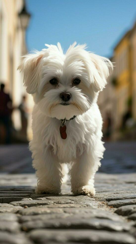 ai gegenereerd Maltees hond staand sierlijk Aan een geplaveide geplaveid straat verticaal mobiel behang foto