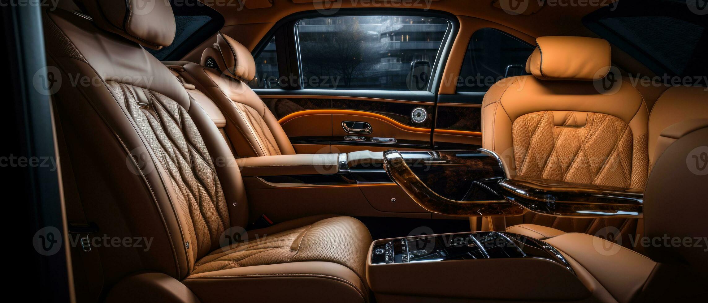 ai gegenereerd luxe auto interieur met bruinen leer stoelen, klassiek elegantie. ai generatief. foto