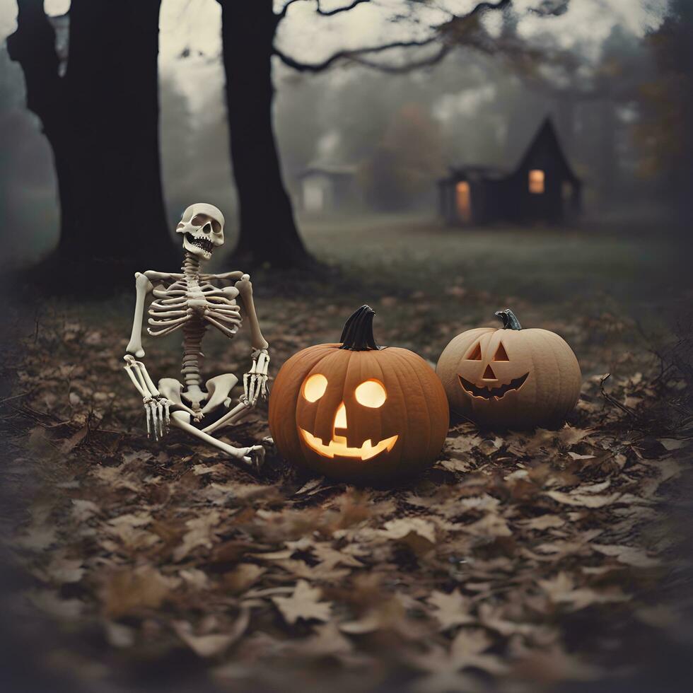 ai gegenereerd halloween pompoenen en skelet zittend in de bossen foto