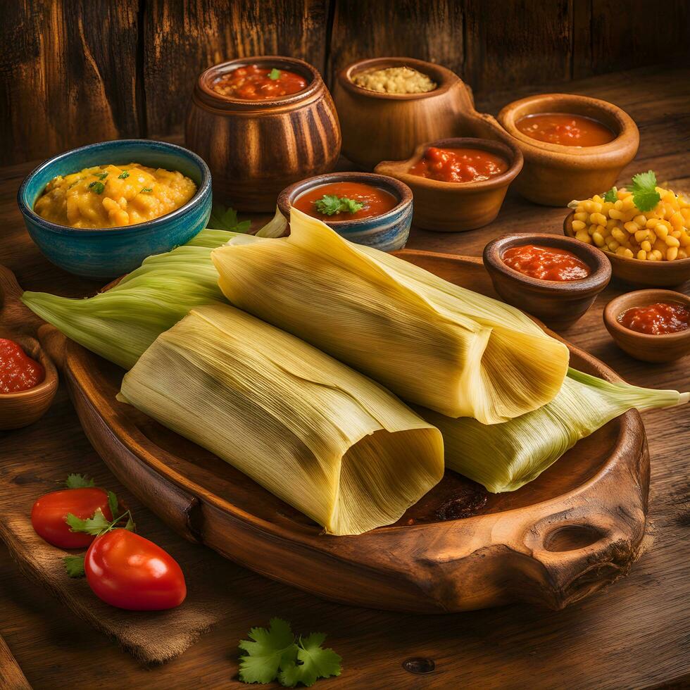 ai gegenereerd Mexicaans voedsel Tamales Aan houten tafel foto