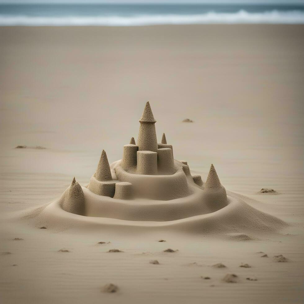 ai gegenereerd een zand kasteel Aan de strand met een zee in de achtergrond foto