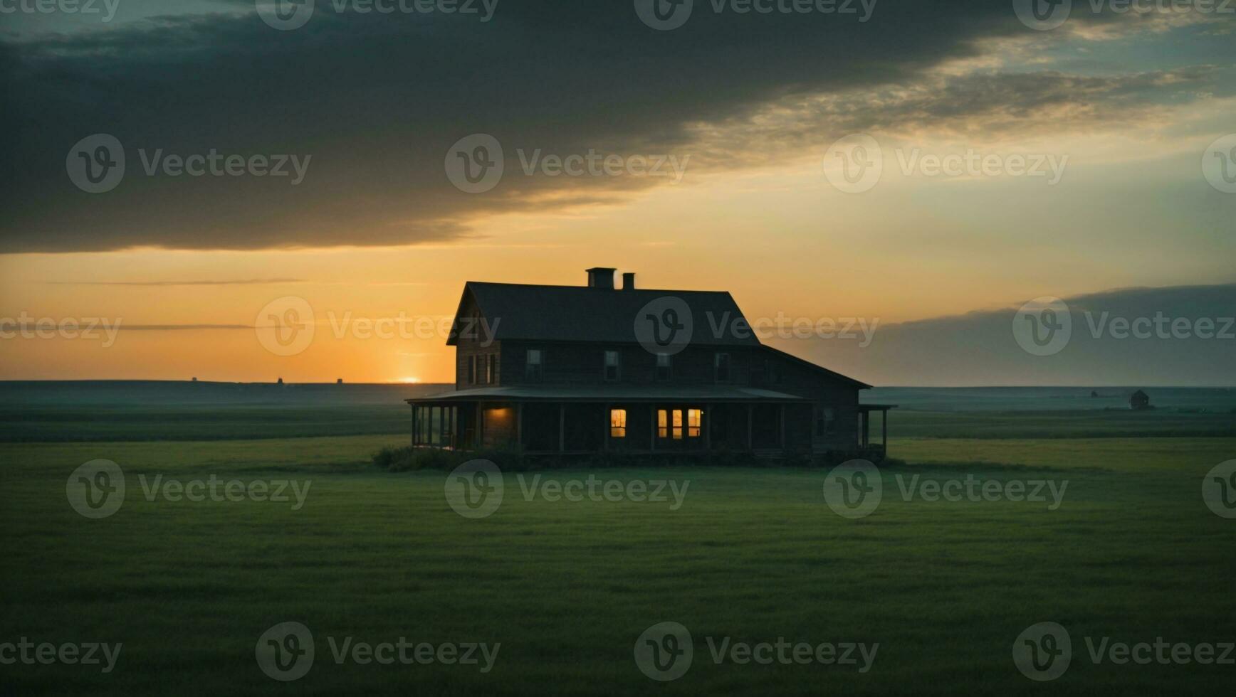 ai gegenereerd een boerderij in de midden- van een veld- Bij zonsondergang foto