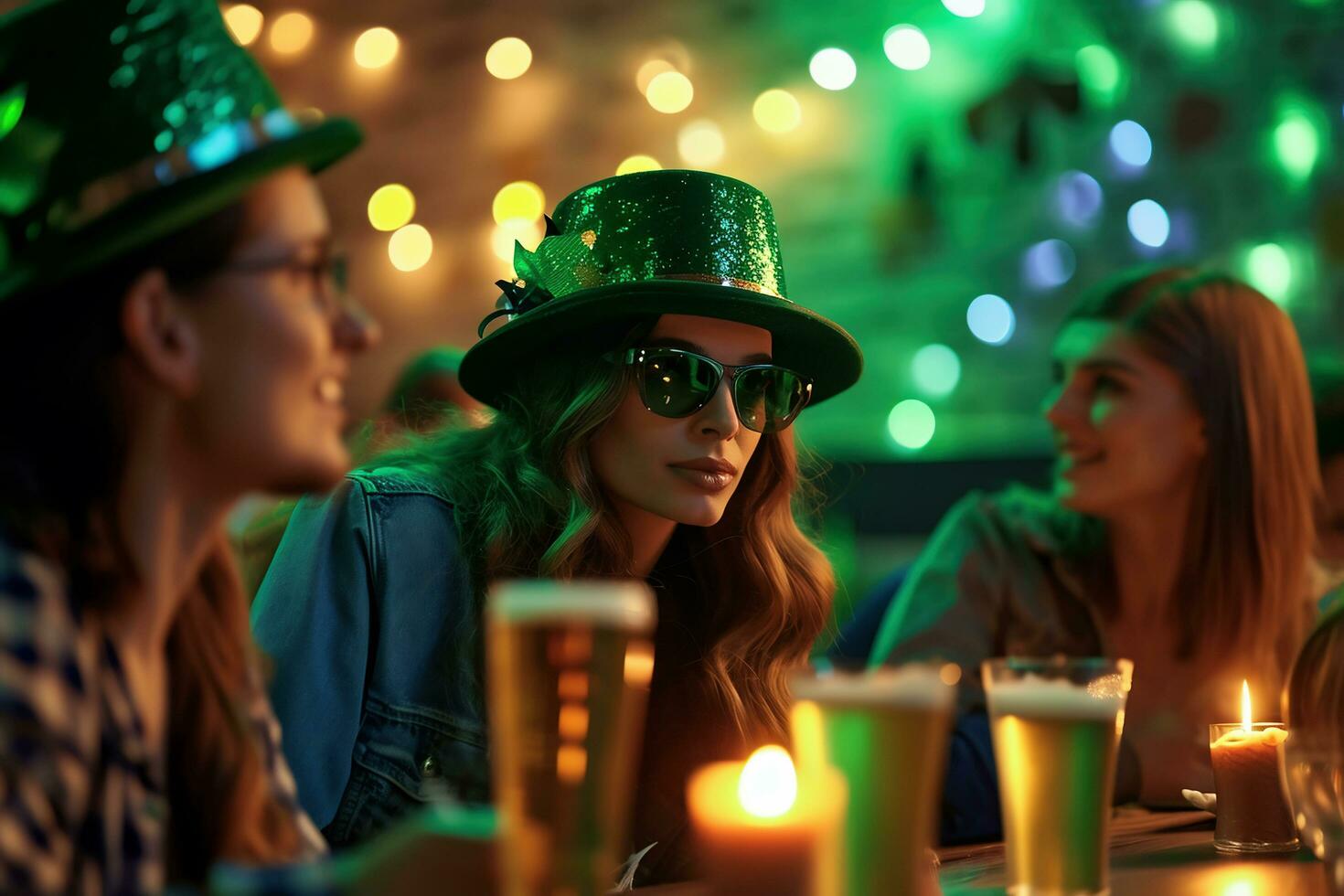 ai gegenereerd jong vrouw met groen hoed en groen cocktail Aan de achtergrond van de nacht club st. Patrick dag feest. foto