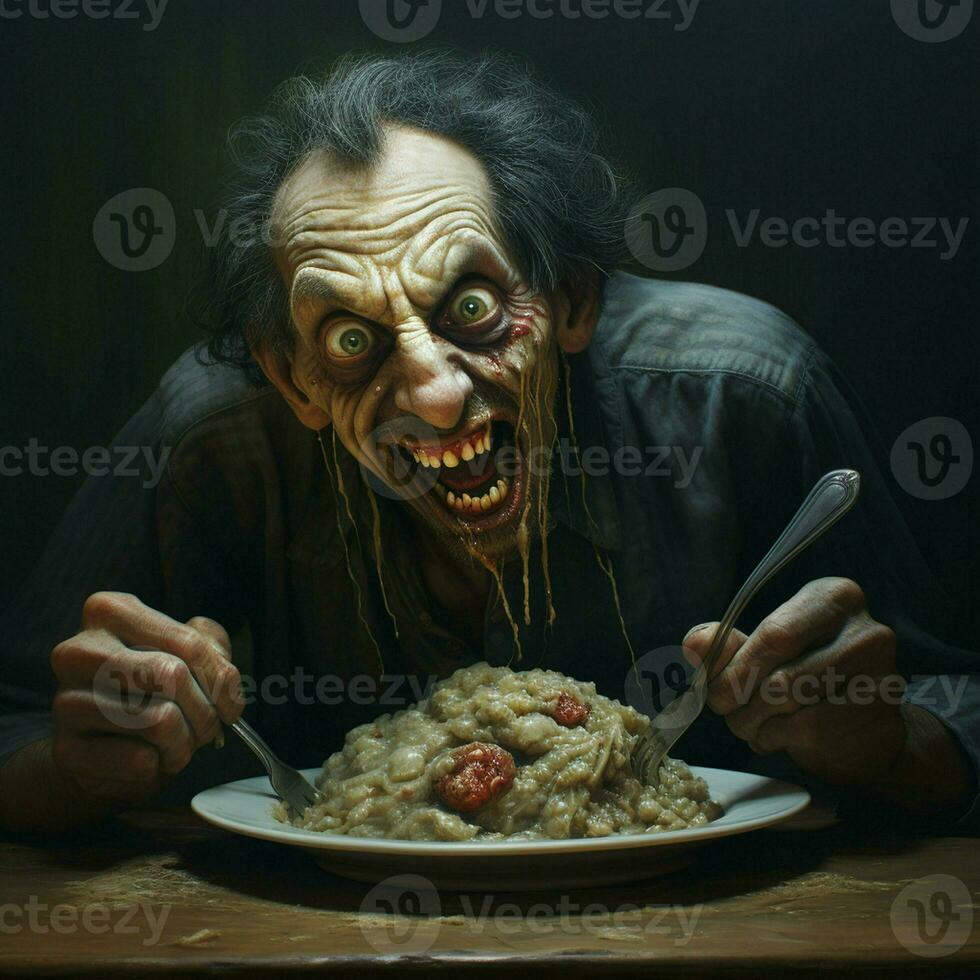 ai gegenereerd een schilderij van een zombie aan het eten spaghetti foto
