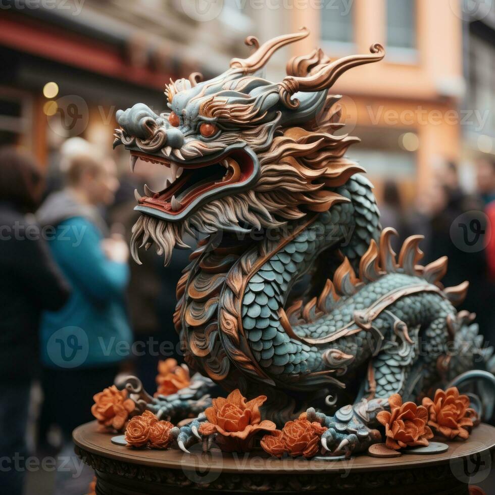 ai gegenereerd een Mens poses met een leeuw in een Chinese nieuw jaar optocht foto