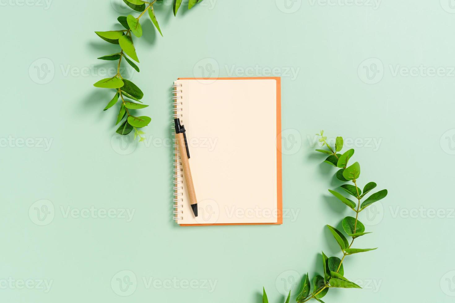 creatieve platliggende foto van een werkruimtebureau. bovenaanzicht bureau met open mockup blanco notebooks en potlood en plant op pastel groene kleur achtergrond. bovenaanzicht met mock-up kopie ruimtefotografie.