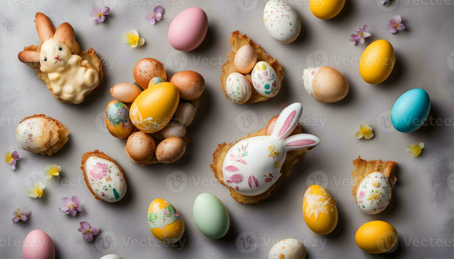 ai gegenereerd Pasen eieren versierd met bloemen en versierd met konijn oren foto