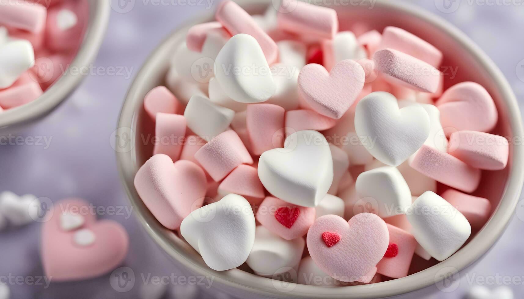ai gegenereerd een kom van marshmallows met harten in hen foto