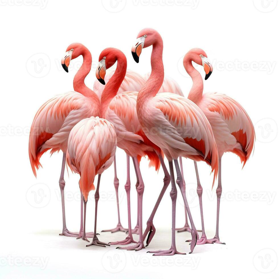 ai gegenereerd kudde van flamingo vogelstand Aan een wit achtergrond foto