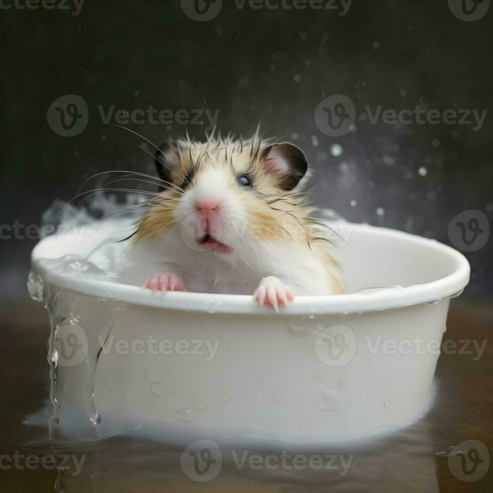 ai gegenereerd schattig hamster het baden in een bekken foto