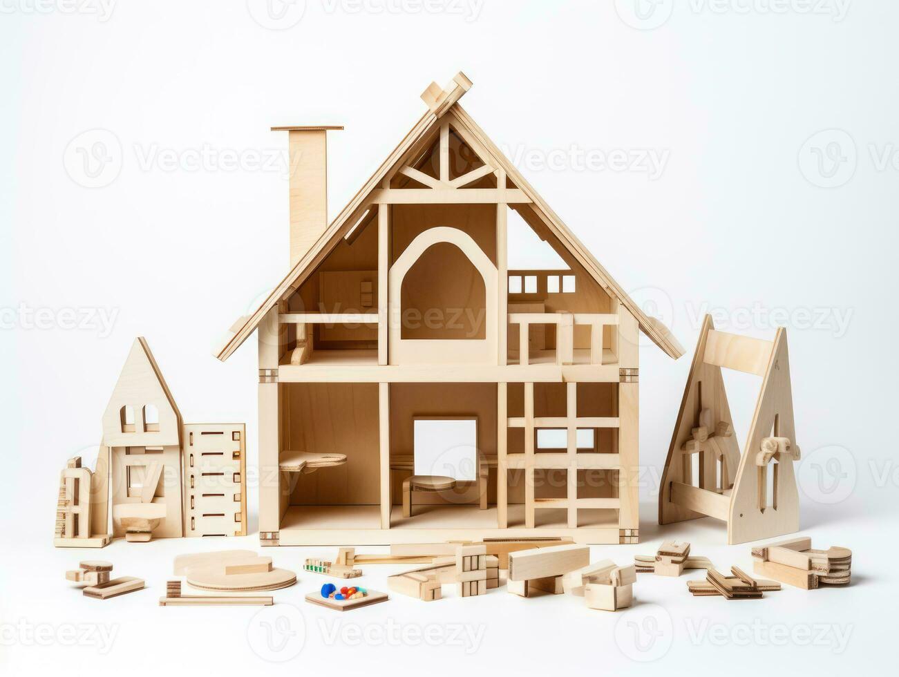 ai gegenereerd houten huis gemaakt van multiplex Aan een wit achtergrond. huis bouw. ai generatie. foto