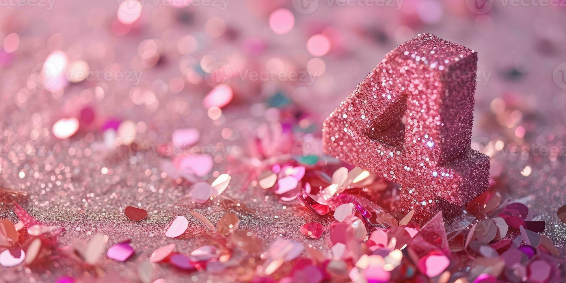 ai gegenereerd aantal 4 Aan roze achtergrond met pailletten en confetti. ai generatie. foto