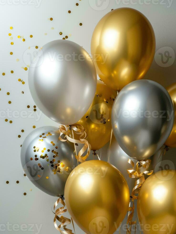 ai gegenereerd ai generatie. wit, zwart, goud en zilver ballonnen en confetti Aan wit achtergrond foto