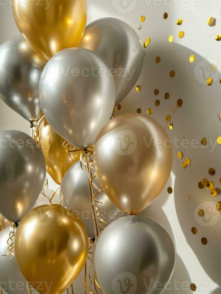 ai gegenereerd ai generatie. wit, zwart, goud en zilver ballonnen en confetti Aan wit achtergrond foto