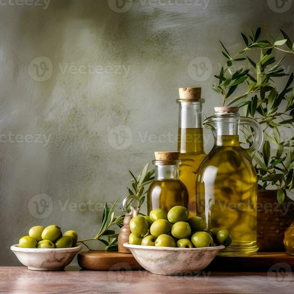 ai gegenereerd fles van olijven olie en olijven fruit foto