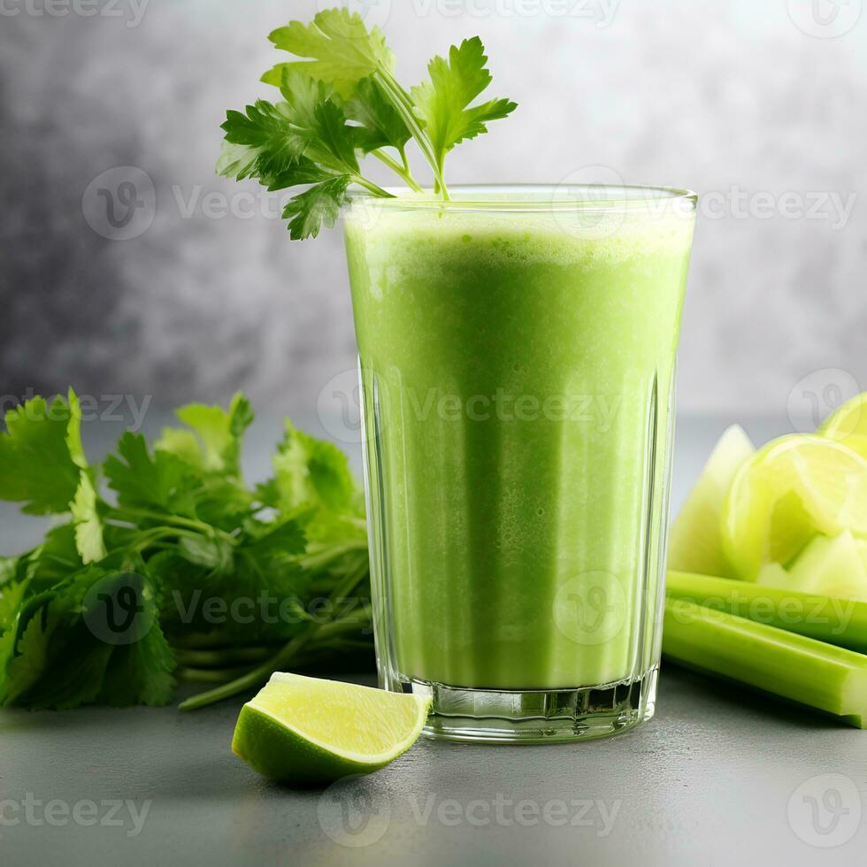 ai gegenereerd gezond selderij stam drinken in een glas glas Aan een donker achtergrond. generatief ai foto